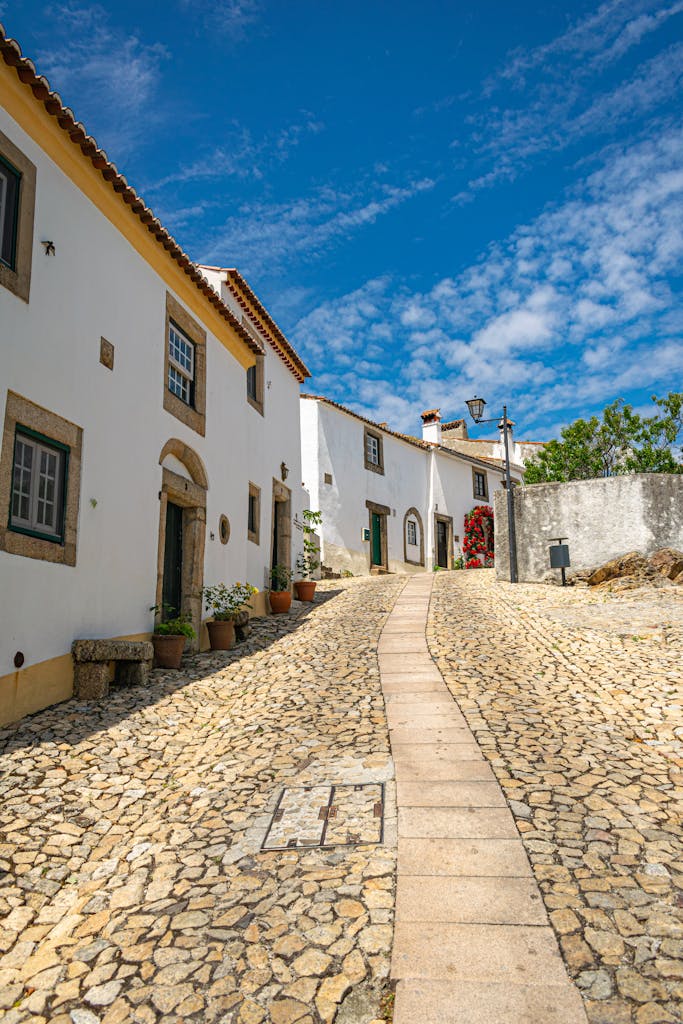 Picturesque cobblestone street with white houses in Marvão, Portugal, bathed in sunlight.